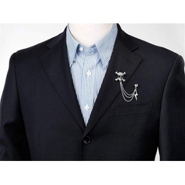 Vintage Skull Crossbone Rhinestone Brooch Retro Personality Crystal Lighting Chain Tassel Shirt Collar Suit Badge for Unisex Men, Silver Gemstone