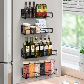 XIAPIA Magnetic Fridge Organizer Spice Rack with Paper Towel Holder and 5 Extra Hooks | 4 Tier Magnet Refrigerator Shelf in Kitchen Holds up to 45 LBS | 16x12x4 Inch Black… (4 Pack - Black)