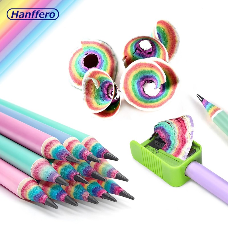 Hanffero Rainbow Pencils, Drawing Writing Pencil with Rubber, Recyclable Paper