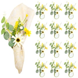 ReignSword 12 Pack Daisy Rustic Napkin Rings, Eucalyptus Leaves Flower Napkin Ring Holder with Pearl, Farmhouse Table Decor for Christmas Thanksgiving Wedding