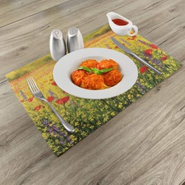 Ambesonne Flower Place Mats Set of 4, Colorful Field Poppies Bloom Flowers Lavender Farmland Hills Scenery, Washable Fabric Placemats for Dining Table, Standard Size, Yellow Red