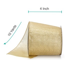 CT CRAFT LLC Light Gold Metallic Wired Ribbon 4 inch x 10 Yards for Christmas Home Decor Tree Topper Bow Gift Wrapping DIY Crafts Wreath Garland Wedding