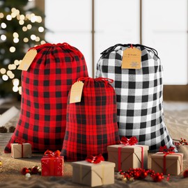 Large Fabric Drawstring Christmas Gift Bags Assorted Sizes, 3Pcs 20"x28" Red Black White Buffalo Plaid Christmas Bags Heavy Santa Sacks with Kraft Gift Tags for Xmas Holiday Gift Wrapping & Giving