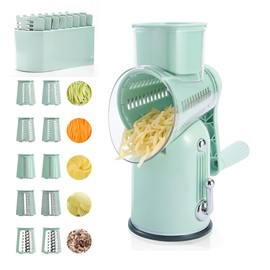 SALCOOK 5-in-1 Manual Rotary Cheese Grater with Handle – Stainless Steel Blades for Slicing, Shredding, Grinding & Wavy Cuts – Strong Suction Base, Blade Storage Box – Green