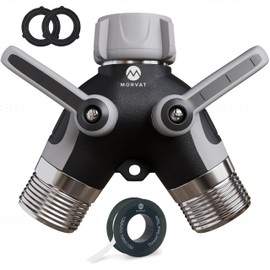 Morvat Heavy Duty Metal & PVC Covered 2 Way Y Splitter Garden Hose Connector with Comfort Grip Shut Off Valves, Adapter for Water Tap, Outlet, & Spigot, Includes 2 Extra Rubber Washers & Teflon Tape