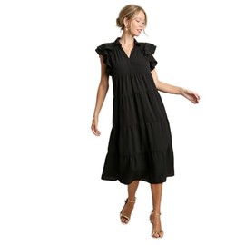 Umgee Collar Split Neck Short Ruffle Sleeves Tiered Midi Dress with No Lining Black