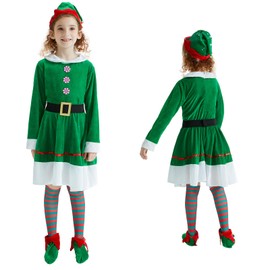 HERRTOP 8PCS Holiday Elf Costume Christmas Deluxe Grils Christmas Elf Christmas Party Dress Outfit Elf Costume for Girls(150CM)