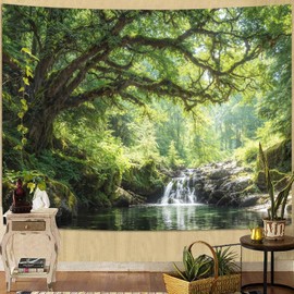 Lunerfex Forest Tree and Flowing Water Tapestry, Serene Landscape Wall Tapestries for Room Decor, Scenic Home Decor Tapestry 60L x 44W