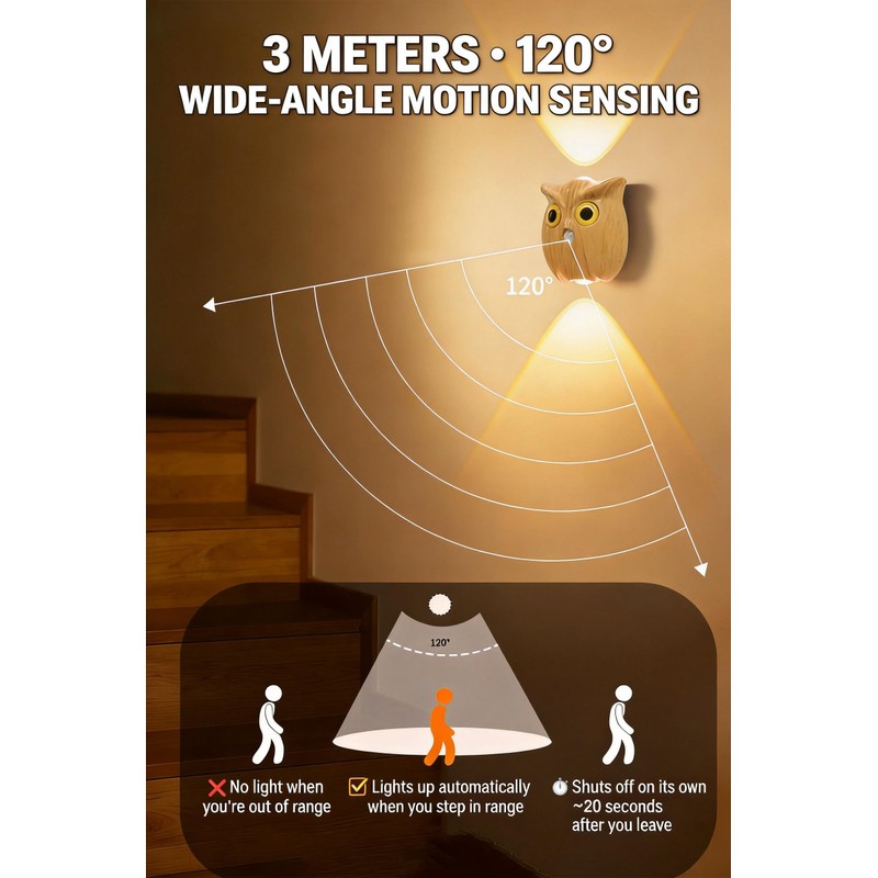 GDQ Wireless Motion Sensor Night Light, Cute Owl Wood Grain