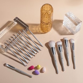 BS-MALL Makeup Brushes Set – Premium 14 Pcs Brush Collection with 4 Pcs Mini Sponges & Case, Perfect for Travel, Complete Beauty Tools for Women (Wheat straw)