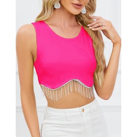 CYCLAMEN 2023 Sparkly Rhinestone Fringe Crop Tank Top Nashville Glitter Tassel Short Sleeves One Shoulder Concert Top, Tank, Hot Pink, L