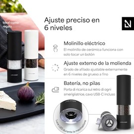 LARS NYSØM Juego de molinillo eléctrico de sal y pimienta I Molinillos automáticos de sal y pimienta con molinillo de cerámica ajustable I Juego de molinillo de especias eléctrico recargable por USB