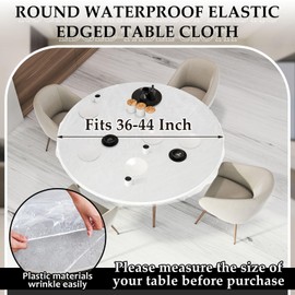 Boao 6 Pcs 48 Inch Round Waterproof Table Cover Elastic Tablecloth Plastic Table Cloths Disposable Table Cover Elastic Edged Picnic Table Covers with Elastic Fits Tables up to 36-44 inches (Clear)