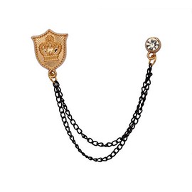 Knighthood Brooch Pin Golden Shield with Crown Engraving and Black Hanging Crystal Chain Brooch Suit Stud Lapel Pin