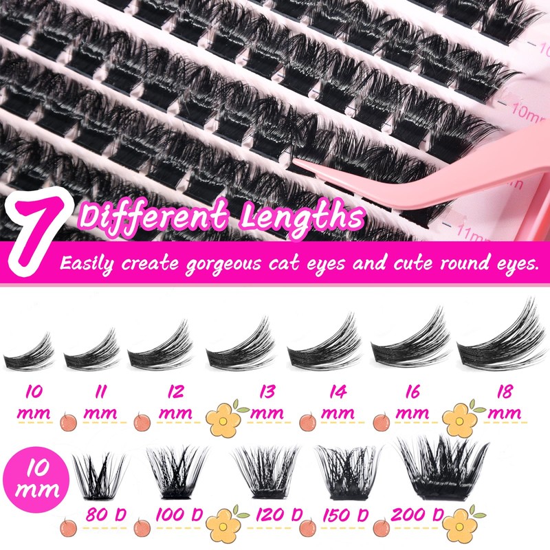 Lash Cluster Eyelash Extensions, 10-18mm Lash Clusters 80D+100D D Curl