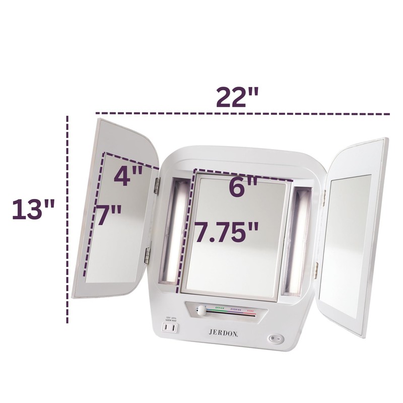 JERDON Modern Tri-Fold Makeup Mirror with Lights - Vanity Mirror