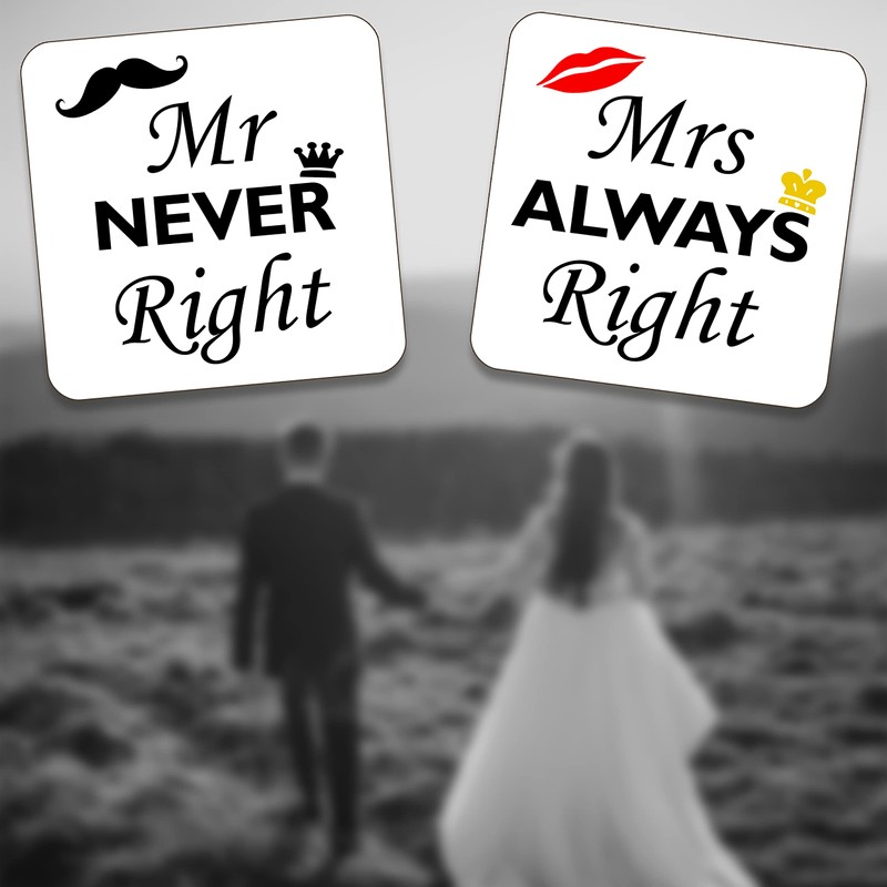 Mrs Always Right and Mr Never Right Drinks Coasters. Set
