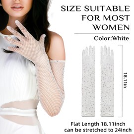 RainFlowwer Rhinestone Fishnet Long Gloves White Mesh Arm Sleeves for Cosplay Party Costume for Women Girls Steampunk