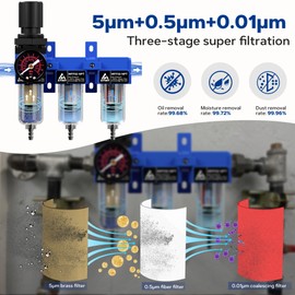 ATINY 3 Stage Air Dryer 1/4" NPT,Air Dryer System Air Compressor Filter Dryer,5 &0.5 &0.01 Micron Filter Cartridge,Semi-Auto Drain, Metal Bracket-Blue