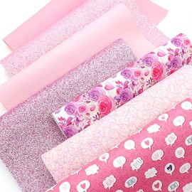 CraftsFabrics 7pcs/Set A4 (21cm x 30cm /8" x 12") Pink Series Mixed Shiny Glitter Lychee Pebble Printed Faux Leather Fabric Sheets Bundle Ideal for DIY Bows, Earring, Shoes, Bags, Decoration, Craft