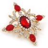 Red/Clear Austrian Crystal Diamond Shape Corsage Brooch In Gold Plating