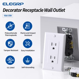 ELEGRP Decorator Wall Receptacle Outlet, Tamper Resistant 15 Amp Standard Electrical Wall Outlet, Residential Grade, Self-grounding, 125V, Wall Plate Included, UL Listed, Glossy White, 10 Pack