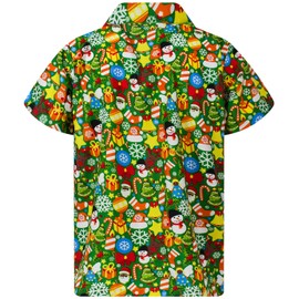 KING KAMEHA Men Christmas Santa-Claus Office-Party Short-Sleeve Button-Down Shirts, Christmas-Allover, Green, XL