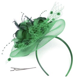 XGOPTS Women Ladies Flower Hats, Fascinator Pillbox Hat with Headband Hair Clip, Feather Mesh Net Veil Party Hat Bowler Hat Mini Top Hat Derby Race Ascot Hat for Cocktail Tea Party (Green)