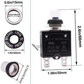 mxuteuk 2Pcs 20Amp Circuit Breakers Push Button Manual Reset 125/250V AC 50V DC, L1 Series Overload Protector Switch Thermal Circuit Breakers with Waterproof Button Caps L1-cj-20A