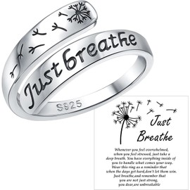 Anillo de plata de ley 925 con texto en inglés «Just Breath» con tarjeta de mensaje, joyería inspiradora ajustable para mujer