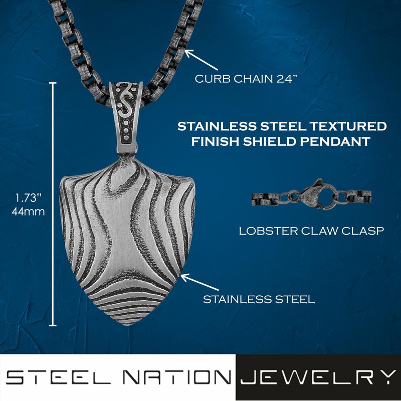 Men's Textured Shield Pendant – Stainless Steel with Cuban Chain,
