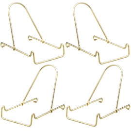 BANBERRY DESIGNS Adjustable Brass Easels - Set of 4 Sliding Wire Easels - Bowl, Plate & Plaque Displayers - 4 3/4" H X 3 1/2" W X 5 3/8" D.