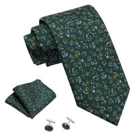 Mantieqingway Floral Ties for Men Handkerchief Cufflinks Set, Groomsmen Tie Polyester Necktie for Wedding Informal Prom Party (Dark Green)