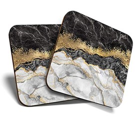 Great Coasters (Set of 2) Square/Glossy Quality Coasters/Tabletop Protection for Any Table Type - Marble Gold Stone Effect Art #21842