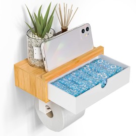 Domax Bamboo Wood Toilet Paper Holder with Shelf - Wall Mount/Adhesive Bathroom Toilet Paper Holder with Storage Drawer for Organizer Tampon or Small Items Tissue Toilet Paper Roll Holder, Small