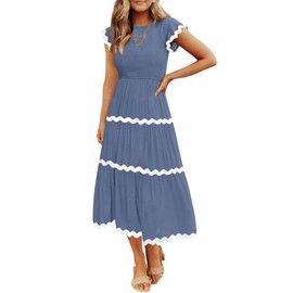ZESICA Women's Summer Flutter Short Sleeve Smocked Midi Dress Casual High Waist Rickrack Tiered Flowy Dresses,Dusty Blue,Medium