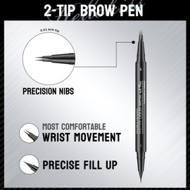 Curved Eyebrow Pen, 3D Waterproof Eyebrow Pencil Contouring Pen, Brow Pencil 2-in-1 Dual-Ended with Micro-Fork-Tip and Precise Brush-Tip Create Natural Hair-Like Brows, Last All-Day, Dark Brown