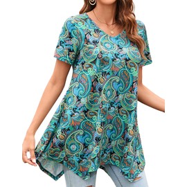 Enmain Womens Tunics Top for Leggings Short Sleeve Summer Long Tunic Top for Women with Paisley Pattern Plus Size Tshirts V Neck for Casual Daily XL