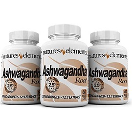 Natures Elements Premium Ashwagandha Capsules - Pack of 3 - Energy Support and Stress Relief - Standardized 12:1 Extract - 2.5% Withanolides - 1000mg Vegetarian Capsules