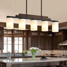 Farmhouse Wood Kitchen Island Lighting, 5-Light Adjustable Chandelier for Dining Room, Milk Glass Shade Dining Room Light Fixture Over Table, Black Hanging Pendant Lights for Kitchen, Pool Table