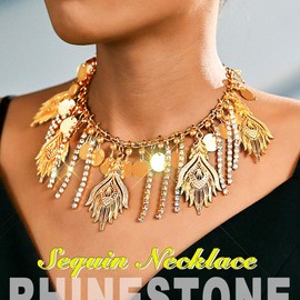 Ushiny Boho Feather Choker Necklace Tassel Necklace Rhinestone Rave Neck Accessories for Women