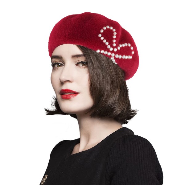 Womens Red Beret Hat, Winter Classic French Beret with Pearls