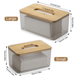 QIWODE Tissue Box Holder Rectangle, Plastic Tissue Box Cover with Bamboo Lid Top, Tissue Dispenser Box for Facial Tissues, Napkin, Hand Towels, Transparent (Pack of 2)