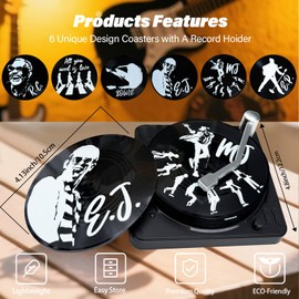 Funny Retro Record Coasters for Drinks with Vinyl Player Holder,Novelty 6 Pieces Vinyl Disk Coasters for Drinks,Bars,Party,Birthday Gifts for Music Lovers,Home Decor and White Elephant IdeasGifts