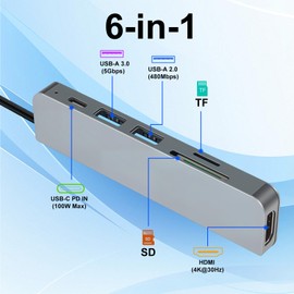 USB C Hub, PD100W, 4K HDMI, 3 x USB A, TF/FD, 7 in 1 Docking Station USB C, US B Adapter Compatible with MacBook Pro and MacBook Air, US B Splitter Compatible with MacBook Adapter