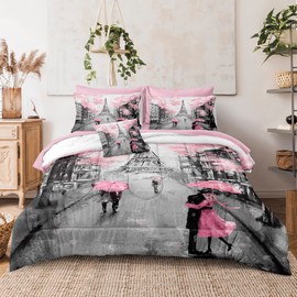 Merryword Eiffel Tower Comforter Set Full Size 8 Pieces Bed in a Bag Sweet Couple Lovers Pink Paris Design Bedding with 1 Comforter, 4 Pillowcases, 1 Flat Sheet, 1 Fitted Sheet, 1 Cushion Cover