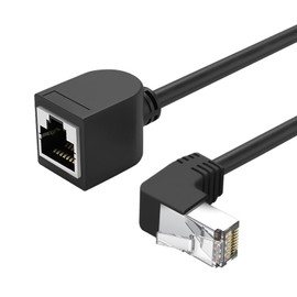 CAT6 Ethernet Extension Cable,90 Degree RJ45 Cords Shielded Male to Female Ethernet Patch Cable，Support Bandwidth Up to 250mhz,1.6ft,Black (Down Angle 2PCS)