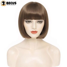 BECUS Short Brown Bob Wig with Bangs,Brown Straight Bob Wigs for Women,Brown Bob Wig Heat Resistant Fiber for Cospaly