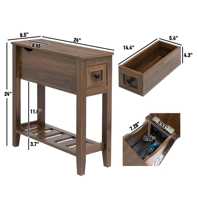 LUSUOWLZ End Table with Movable Top and Charging Station, Narrow