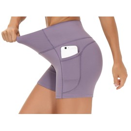 The GYM People - Pantalones cortos de yoga de cintura alta para mujer, control de abdomen, fitness, atletismo, pantalones cortos para correr con bolsillos profundos, Púrpura Cristal, Large